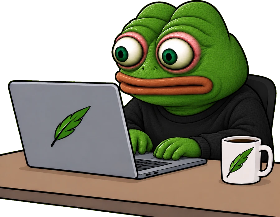 hentpepe at the desk that was never his, hands flat on a keyboard he has already ruined